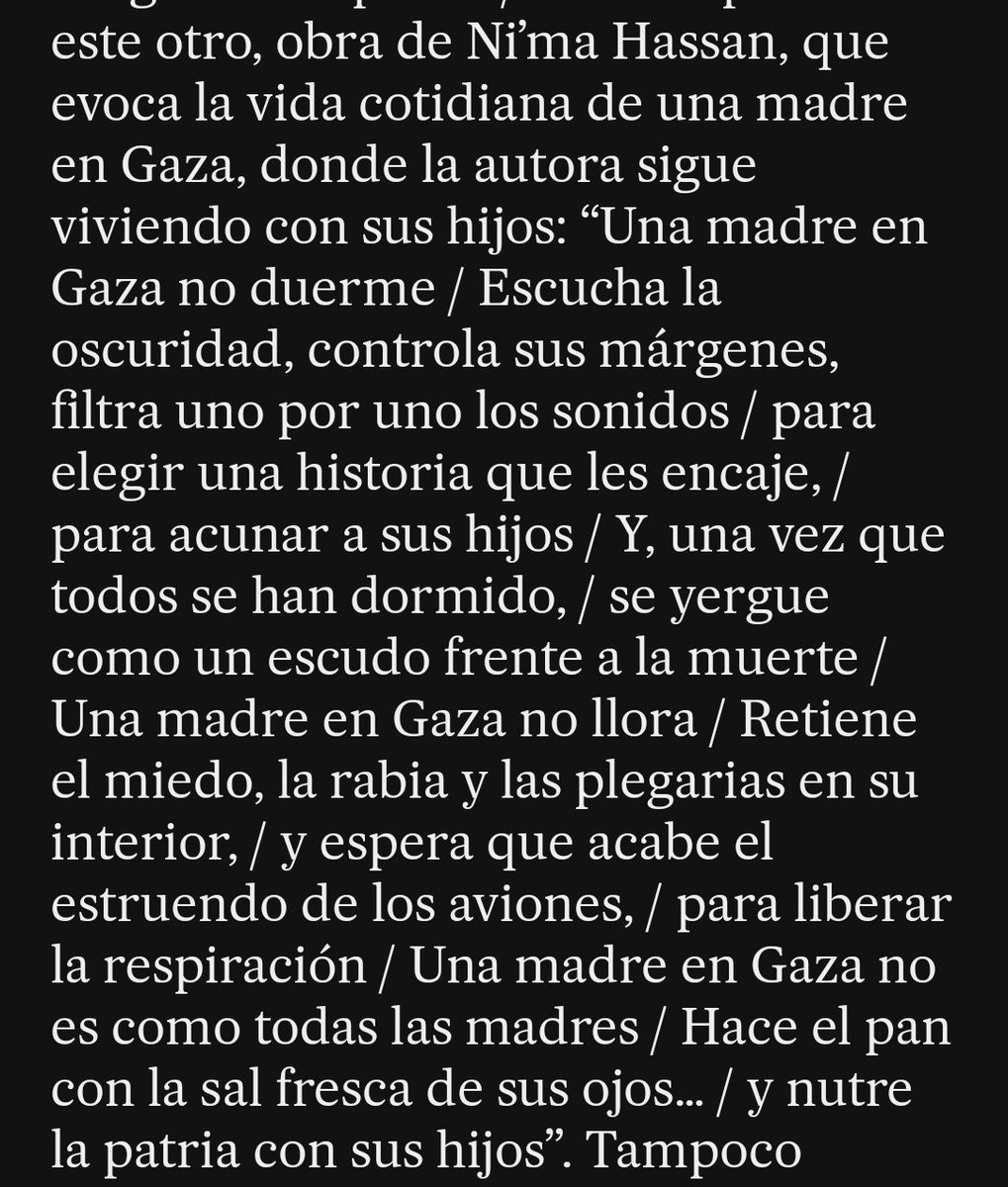 Poesía que estremece desde Gaza, traducida por Javier Cercas. Este poema especialmente, "con la sal fresca de los ojos", y esta conclusión: "La vergüenza de Gaza nos sobrevivirá muchos años". 👉 
elpais.com/eps/2025-09-14…