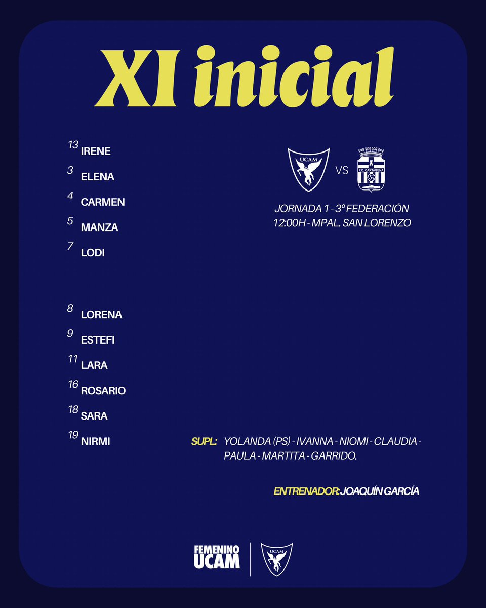 UCAMMurciaCF's tweet photo. #UCAMFemenino | El XI elegido por @juakogf.

🆚 @FCC_Cantera.
🏟️ Mpal. de San Lorenzo (Alguazas)

#UCAMMurciaFCCartagena | Jornada 1 https://t.co/0pm5ObOoD8