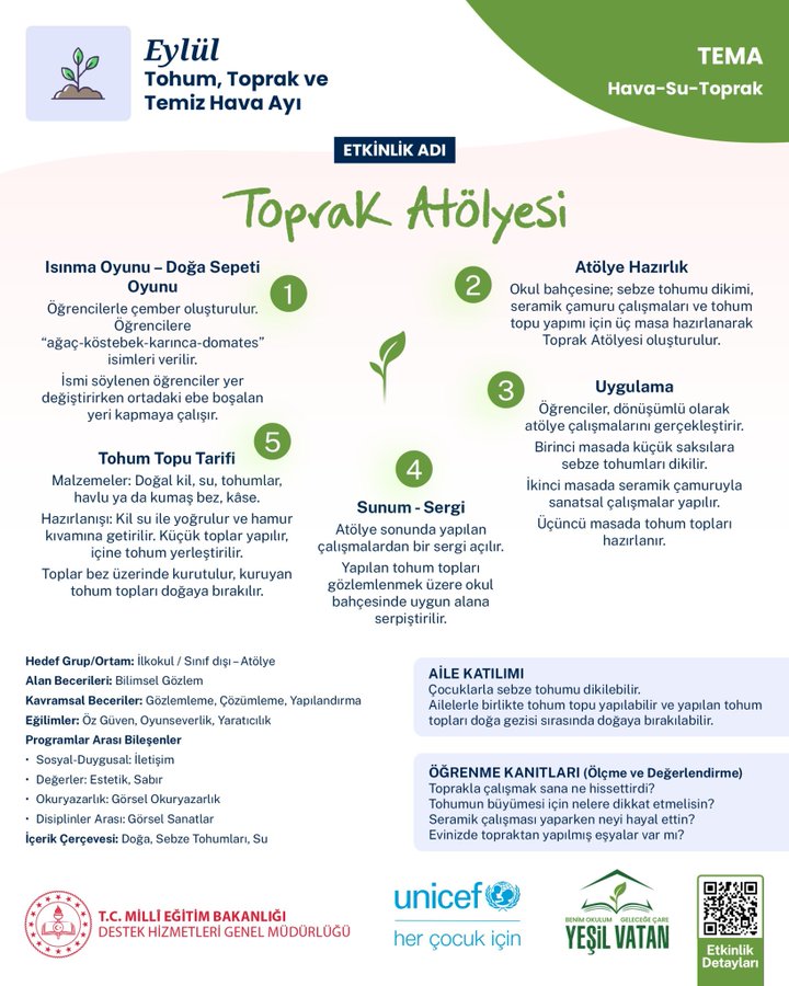 A document titled "Toprak Atölyesi" with text in Turkish. It includes headings like "İnma Oyunu – Doğa Sepeti" and "Oyunlarla Toprak" with numbered activity steps. A green plant illustration is centered. Logos for T.C. Millî Eğitim Bakanlığı and UNICEF are visible at the bottom.
