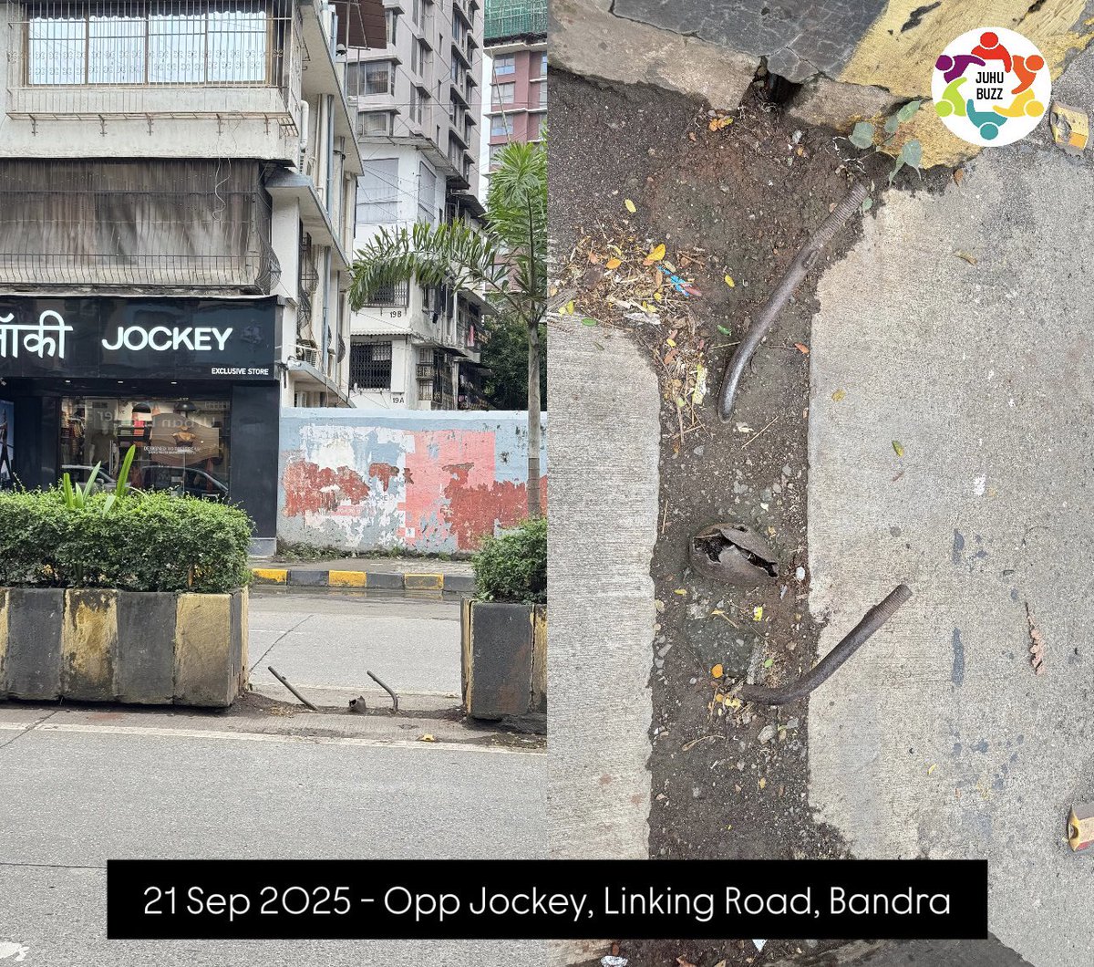 Two bent iron rods are sticking out on the road — a serious hazard that could injure or kill someone crossing.

<a href="/mybmcWardHW/">Ward HW BMC</a>  Please remove them immediately, it’s extremely risky!