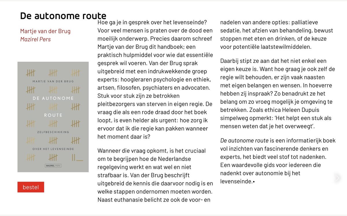 Blij met deze positieve bespreking van mijn boek in Relevant, het magazine van de NVVE. 
"Een waardevolle gids voor iedereen die nadenkt over autonomie bij het levenseinde."
<a href="/WaardigSterven/">NVVE</a> <a href="/WilLaatste/">Coöp Laatste Wil</a> <a href="/SteungroepB/">Steungroep Dappere Burgers</a> 
#FondsLaatmijgaan #levenseinderegie <a href="/mazirelpers/">mazirelpers</a>