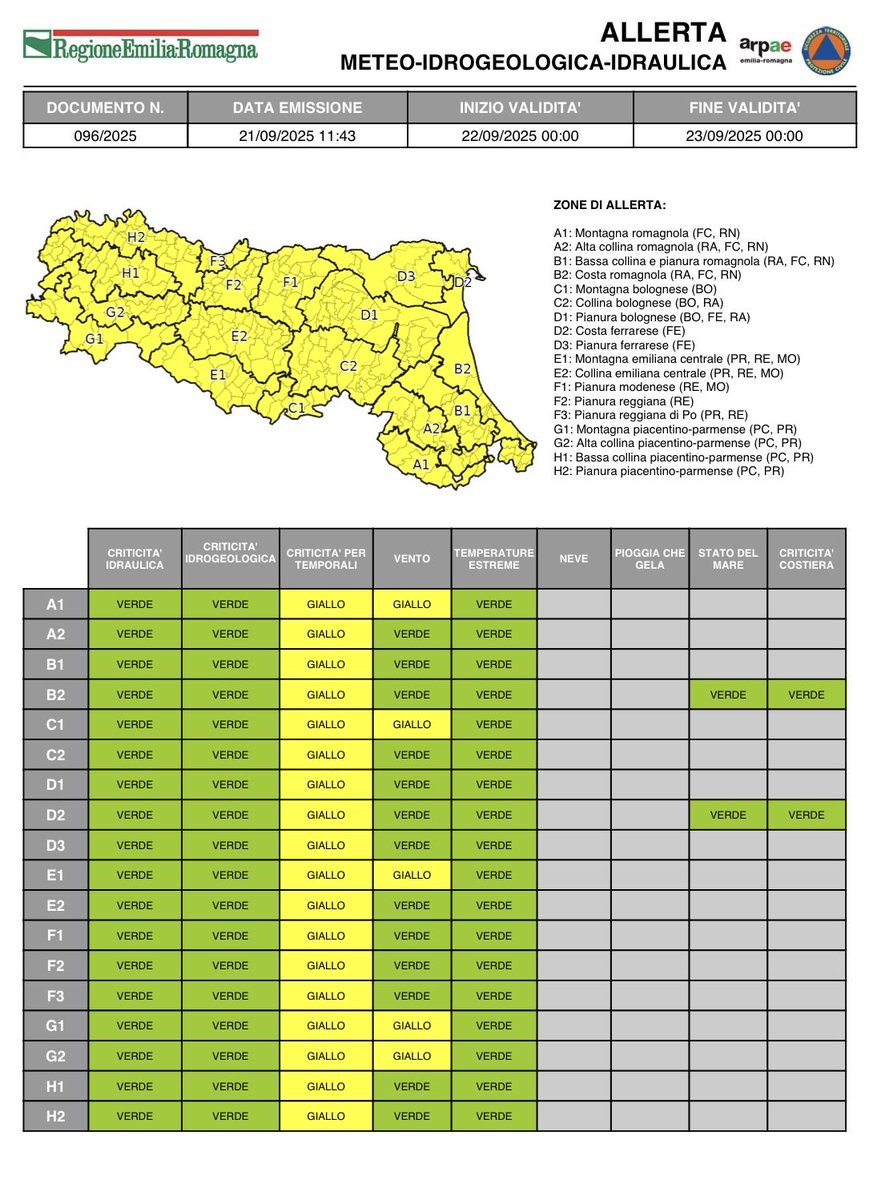 #AllertaMeteoER
Dalle 00:00 del 22/09/2025 alle 00:00 del 23/09/2025  
GIALLA per #temporali e #vento.
➡️ bit.ly/4nao3dT

#22settembre #allertaGIALLA