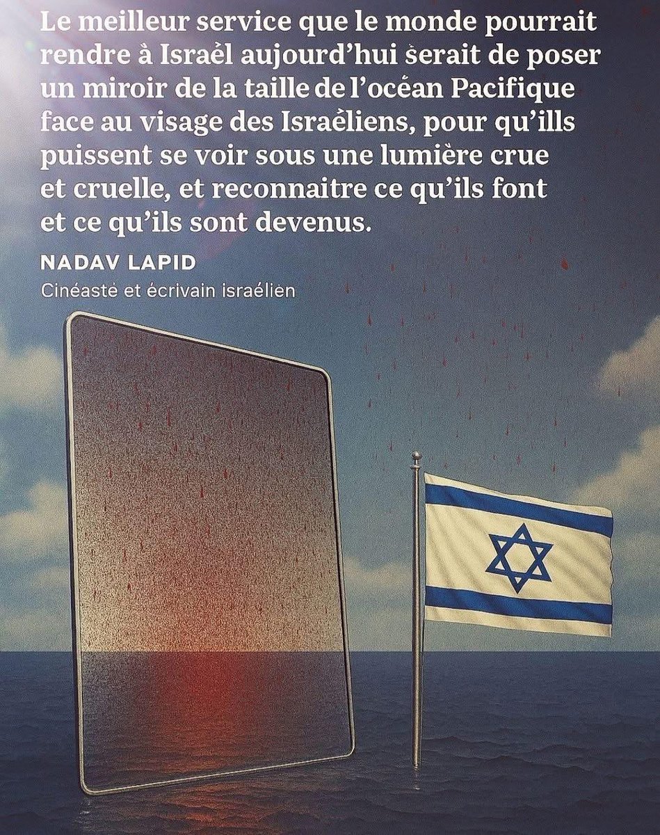 83Phoenix33's tweet image. 🇮🇱🩸 &quot;The greatest service to the world would be to hold up a mirror as big as the Pacific Ocean to Israelis, so they can see themselves as they truly are, in the harsh light of their actions.&quot;
— Nadav Lapid, Israeli filmmaker and writer 🩸

#Israel #NadavLapid #Reflection #Peace
