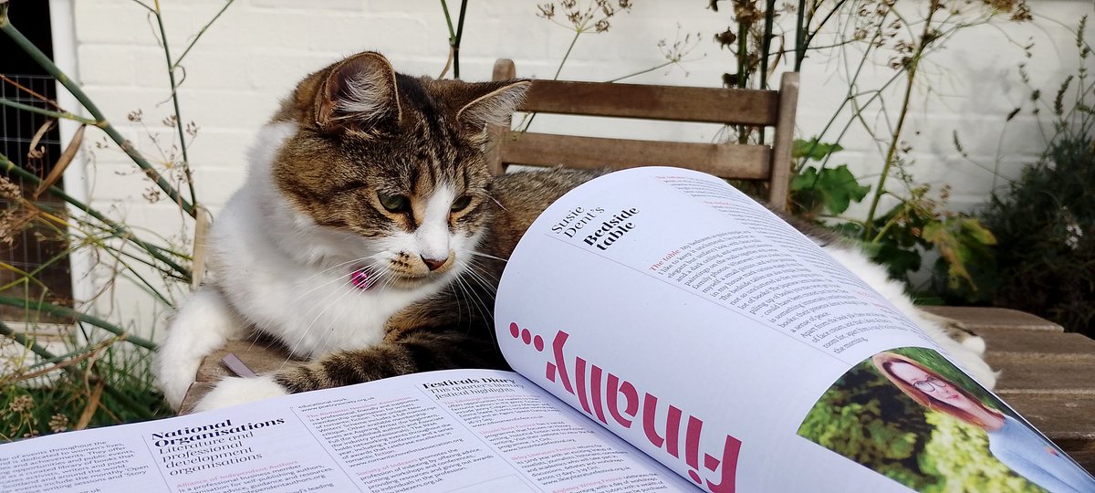I'm back out in my courtyard #garden to do a bit of #writing and catch up with <a href="/Mslexia/">Mslexia ✨</a> as a break from packing, and my neighbour's cat has come to help.
Like me she is enjoying hearing from <a href="/susie_dent/">Susie Dent</a> .
Always nice to take a moment in the sun for creativity
