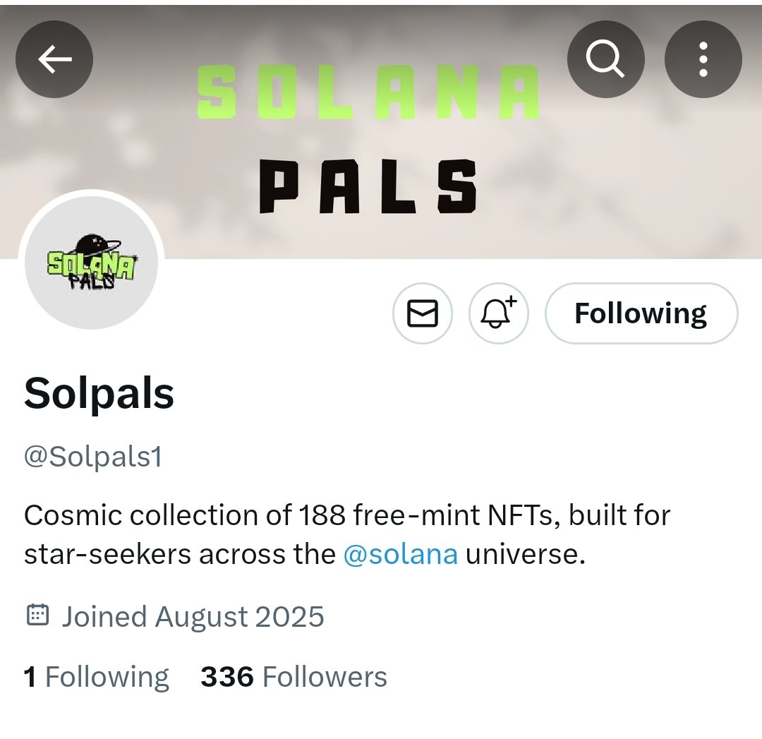 FREE MINT Early Alpha on <a href="/solana/">Solana</a>

Project: <a href="/Solpals1/">Solpals</a>
Price: Free 
Supply: 188

Low supply Free Mint can be a Cook DYOR.

Every Interaction = WL.