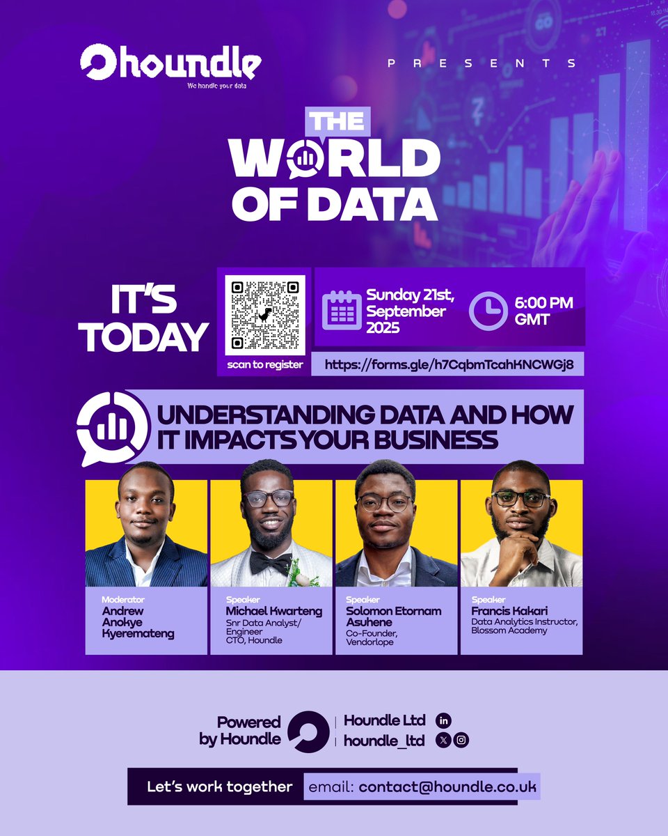 It’s today! 

The first #WorldOfData virtual event happens live today at 18:00GMT. 

Let’s meet to talk about data, learn about data and how businesses can leverage on it for greater impact. 

You can still register using the QR code on the flyer. See you there

#Houndle