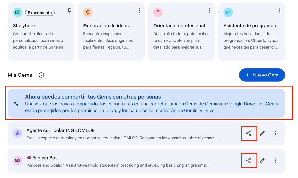 Ya está disponible la nueva y esperada opción de poder compartir #Gems creados con <a href="/GeminiApp/">Google Gemini App</a>. Al hacerlo, verás una nueva carpeta en <a href="/googledrive/">Google Drive</a> con los recursos usados en el #Gem compartido llamada Gemini Gems. 
<a href="/GonzaloETC/">Gonzalo Romero</a> <a href="/GoogleForEdu/">Google for Education</a> <a href="/GoogleES/">Google España</a>