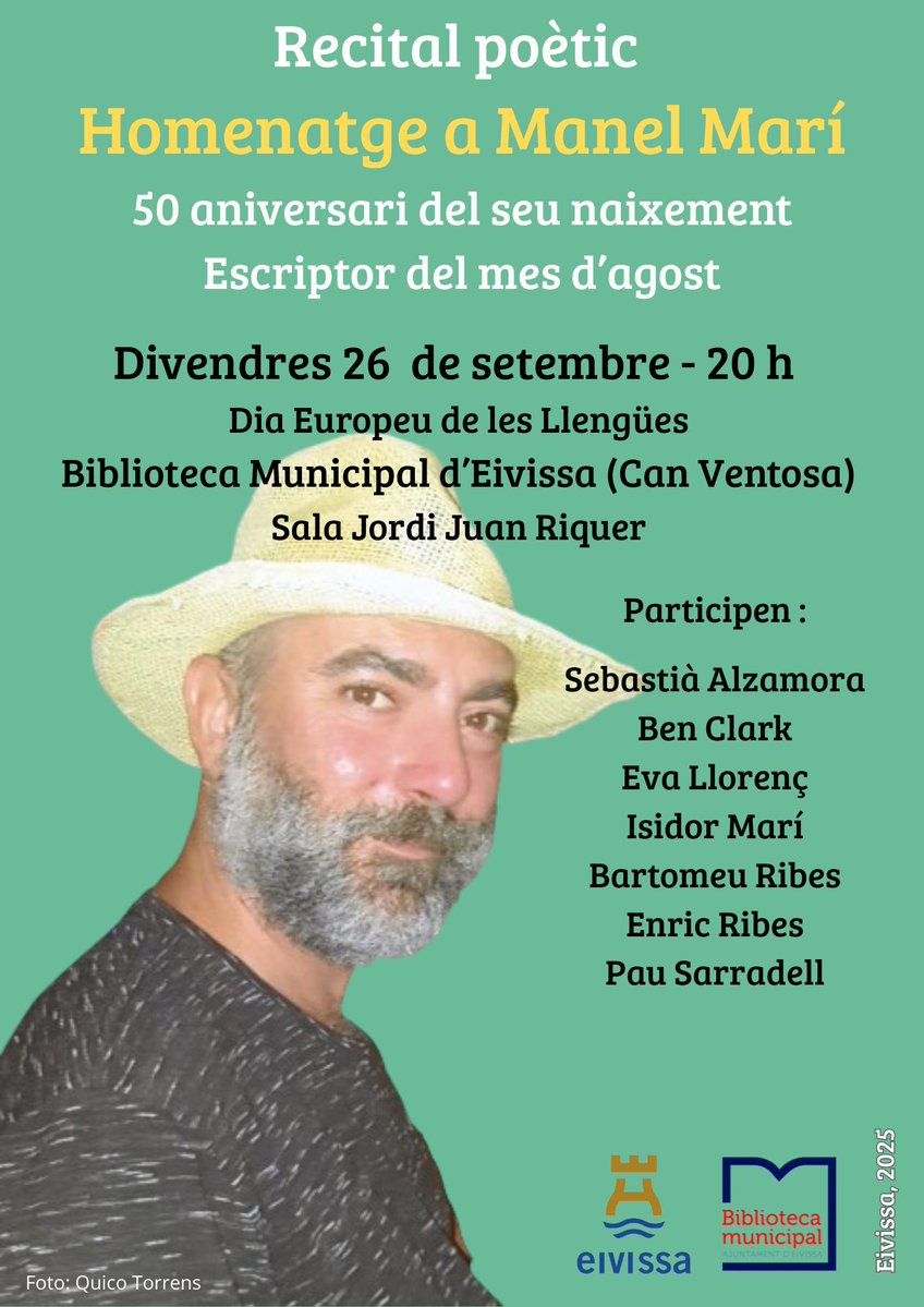 BibliotecaMunicipalE (@bibliotecaeivis) on Twitter photo Tercera activitat #Diaeuropeudelesllengües. Divendres 26 a les 20 h, recital homenatge a Manel Marí en el 50è aniversari del seu naixement. Amb <a href="/evallorensc/">Eva Llorenç Celades</a> <a href="/sebastialzamora/">Sebastià Alzamora</a>
<a href="/benclarkpoeta/">Ben Clark</a> <a href="/IsidorMari/">Isidor Marí</a> <a href="/RibesGuasch/">Bartomeu Ribes Guasch</a>, Enric Ribes i Pau Sarradell. Tercera activitat #Diaeuropeudelesllengües. Divendres 26 a les 20 h, recital homenatge a Manel Marí en el 50è aniversari del seu naixement. Amb <a href="/evallorensc/">Eva Llorenç Celades</a> <a href="/sebastialzamora/">Sebastià Alzamora</a>
<a href="/benclarkpoeta/">Ben Clark</a> <a href="/IsidorMari/">Isidor Marí</a> <a href="/RibesGuasch/">Bartomeu Ribes Guasch</a>, Enric Ribes i Pau Sarradell.