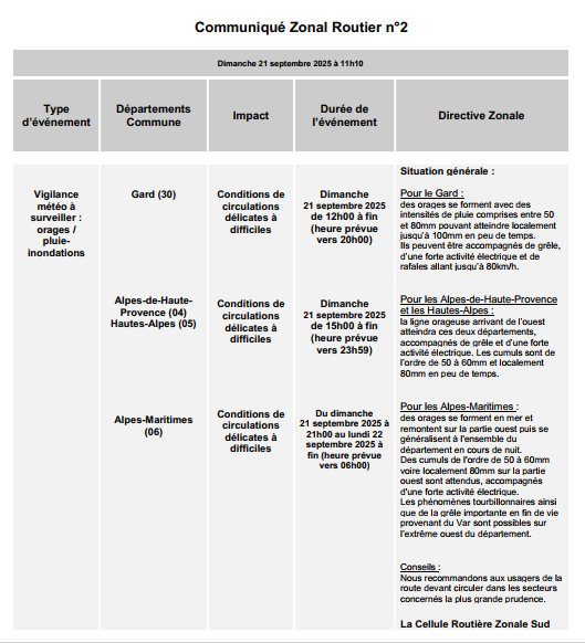 cezocsud's tweet image. Communiqué zonal routier n°2 - Vigilance JAUNE à surveiller pour orages et pluie-inondations départements 04/05/06/30 :