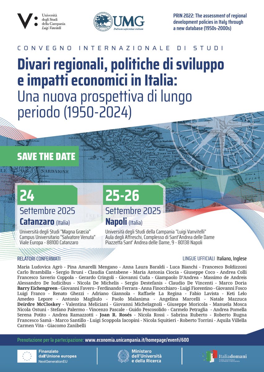 Convegno Internazionale  di Studi “Divari regionali, politiche di sviluppo e impatti economici in  Italia: una nuova prospettiva di lungo periodo (1950-2024)
Per prenotarsi: economia.unicampania.it/homepage/event…
Per il programma completo:
economia.unicampania.it/images/eventi/…

linkedin.com/feed/update/ur…