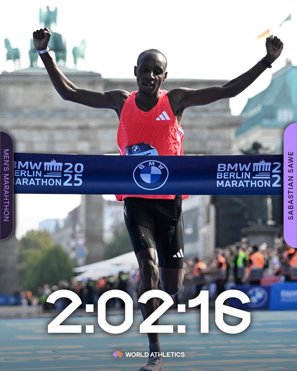 SAWE DELIVERS 💪

🇰🇪’s Sabastian Sawe storms to victory at the <a href="/berlinmarathon/">BMW BERLIN-MARATHON</a> with the equal ninth fastest time in history - 2:02:16 😱

This is Sawe’s 2nd World Major Marathon win after his victory at the <a href="/LondonMarathon/">TCS London Marathon</a> earlier this year 🔥
