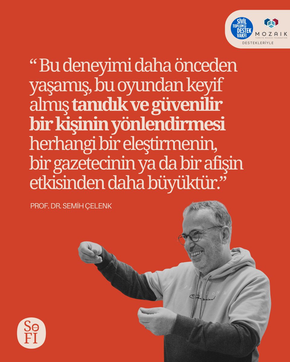 Sosyal Fayda için İletişim Derneği (@sofidernek) on Twitter photo 💬 “Bu oyundan keyif almış tanıdık ve güvenilir bir kişinin yönlendirmesi herhangi bir eleştirmenin, bir gazetecinin ya da bir afişin etkisinden daha büyüktür.”
Rapor yayında, Prof. Dr. <a href="/smhcelenk/">semih çelenk</a>'in yazısı raporda.
<a href="/destekvakfi/">Sivil Toplum için Destek Vakfı</a> <a href="/turkeymozaik/">Turkey Mozaik Foundation</a>
sofi.org.tr/sahnelerin-ile… 💬 “Bu oyundan keyif almış tanıdık ve güvenilir bir kişinin yönlendirmesi herhangi bir eleştirmenin, bir gazetecinin ya da bir afişin etkisinden daha büyüktür.”
Rapor yayında, Prof. Dr. <a href="/smhcelenk/">semih çelenk</a>'in yazısı raporda.
<a href="/destekvakfi/">Sivil Toplum için Destek Vakfı</a> <a href="/turkeymozaik/">Turkey Mozaik Foundation</a>
sofi.org.tr/sahnelerin-ile…