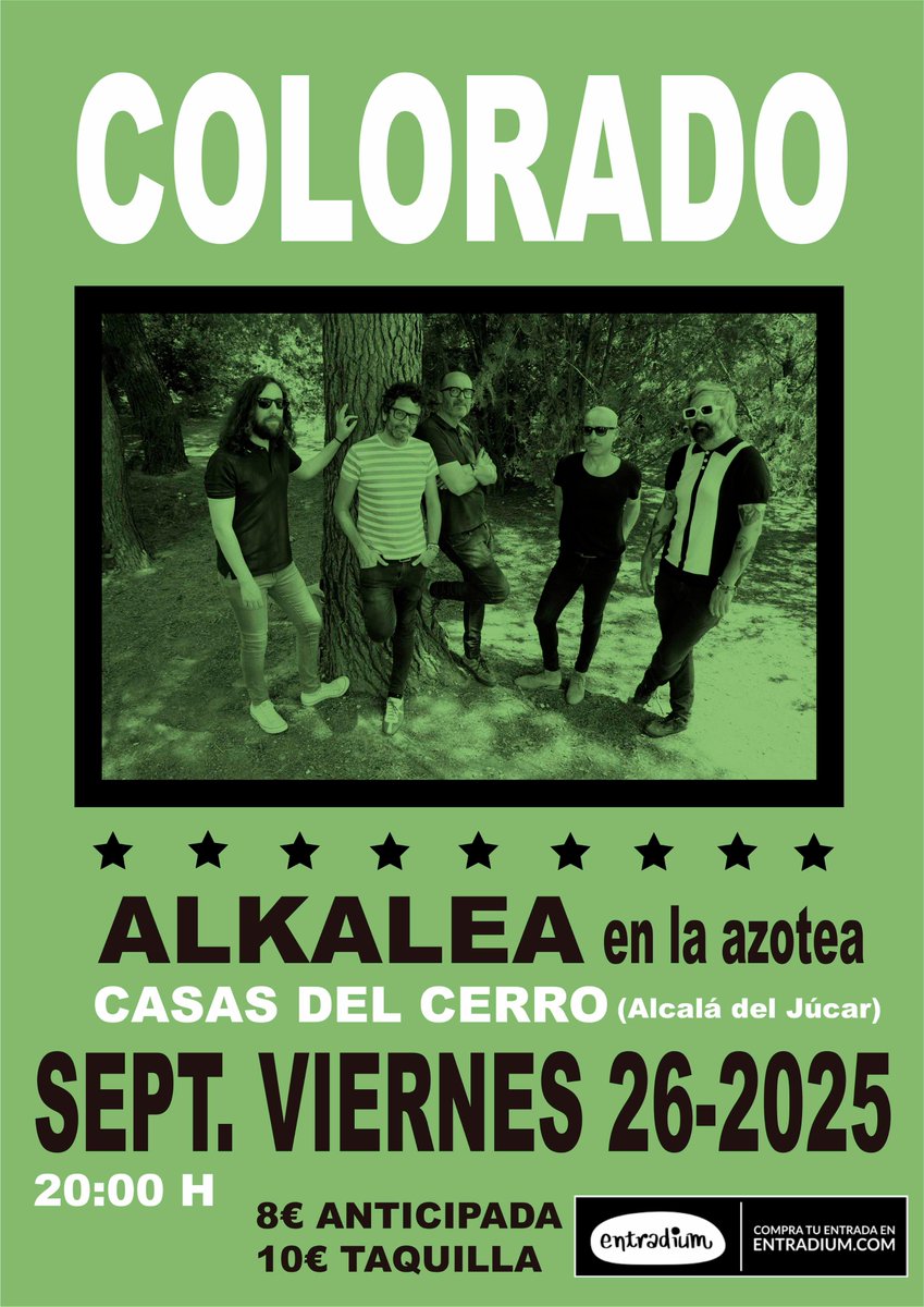 ModestoColorado's tweet image. El viernes 26 de sept, al caer la tarde,  Colorado estaremos tocando en la azotea de 'Alkalea Hospedería', en Casas del Cerro (Alcalá del Júcar). No se nos ocurre una manera mejor de acabar el verano. Entradas anticipadas: 
entradium.com/es/events/colo…