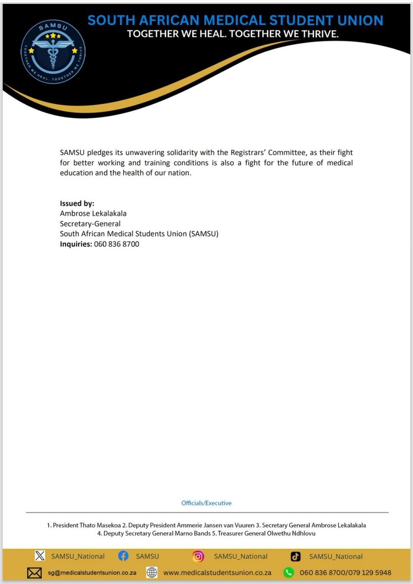 One profession. One struggle. One vision. ✊🏾
@SAMSU congratulates the new #SAMATU Registrars’ Committee 🇿🇦 🩺
Forward to #SouthAfrican #UniversalHealthCare #HealthForAll #right
