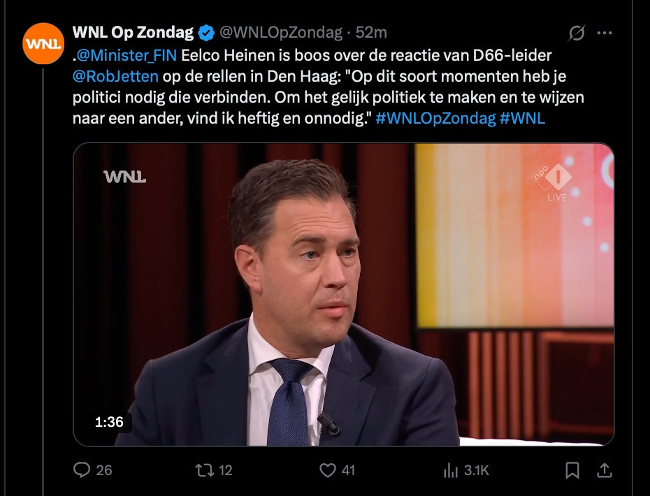Terechte woede bij Rob #Jetten over deze👇 uitspraak van Eelco #Heinen bij #wnlopzondag. Als het om Extinction Rebellion gaat, staat de VVD direct klaar met kritiek, nu het om extreemrechtse #hooligans gaat zou je moeten wegkijken en verbinden? 
De VVD is de weg kwijt. #Buitenhof