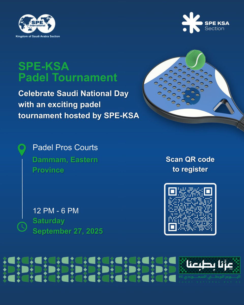 Join us for an exciting Padel Tournament hosted by #SPE_KSA in celebration of #Saudi_National_Day_95 with the community! 🇸🇦

Scan the QR code or click the link to register: spe-ksa.org/saudi-national…