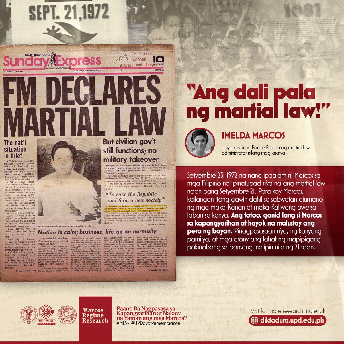 UPThirdWorld's tweet photo. Ngayon ang ika-53 taong paggunita sa deklarasyon ng Batas Militar ni Marcos

Sa paggunita sa ika-53 taon matapos ipatupad ang diktadurang Marcos at sa pakikiisa sa UP Day of Remembrance 2025, ito ang serye ng mga posts na hango sa pananaliksik ng MRR Group ng UP TWSC. https://t.co/r3ZPjWj5Ws