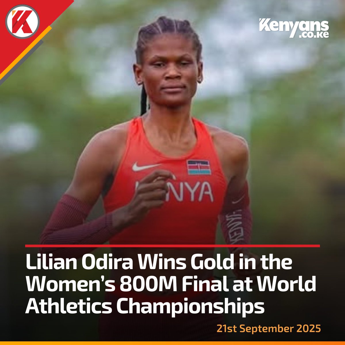 Kenyans's tweet image. Lilian Odira wins gold in the Women’s 800M Final at World Athletics Championships