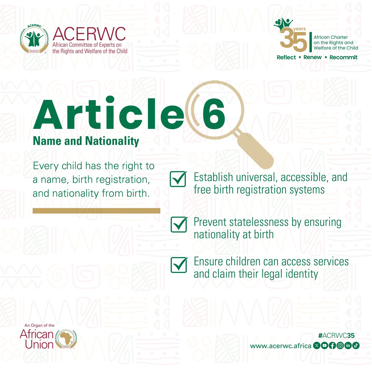 acerwc's tweet image. #ACRWC35 – Know Your Charter 📖

Today&apos;s spotligth is on #Article 6 (Name and Nationality)

📌 Did you know the ACERWC has developed a General Comment on birth registration, name, and nationality providing guidance to Member States on birth registration, name, and nationality?
