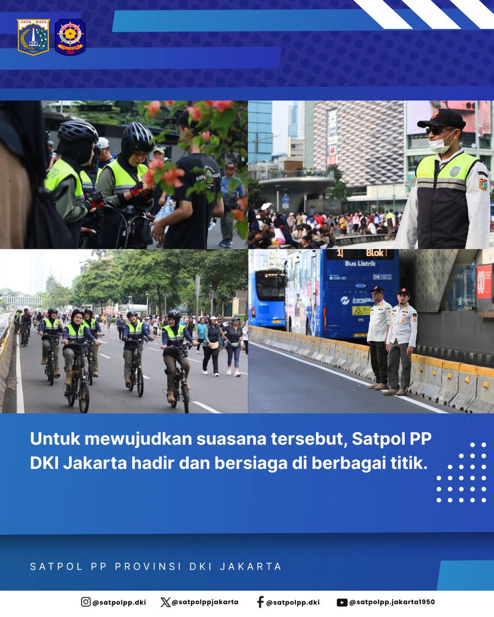 HBKB = Lebih dari sekedar olahraga!
Di Sudirman–Thamrin, warga bisa menikmati jalanan tanpa kendaraan dengan aman &amp; nyaman. 

Satpol PP DKI Jakarta selalu hadir untuk:
✅ Menjaga ketenteraman
✅ Mengarahkan aktivitas warga
✅ Menjamin ketertiban umum