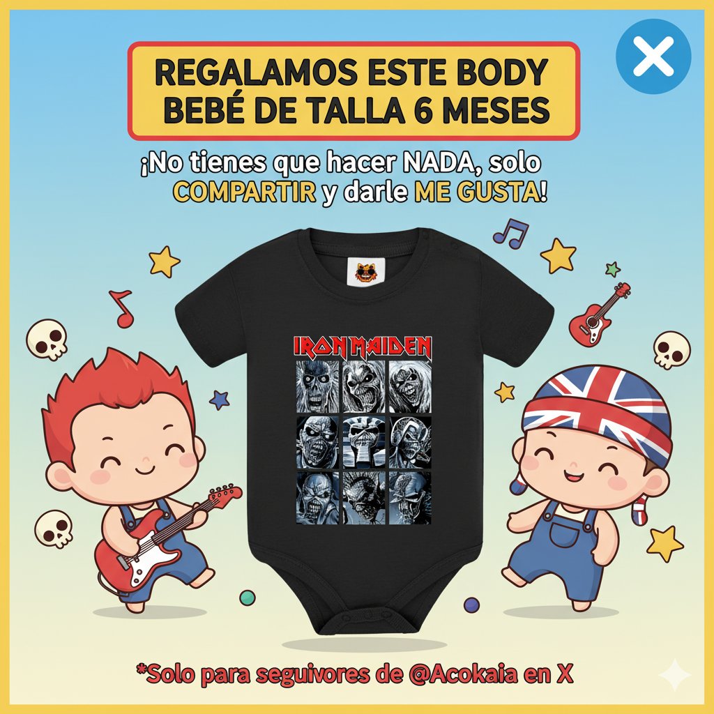 ¡Regalamos este adorable body de bebé de Iron Maiden (talla 6 meses)!

Para participar, es súper sencillo: 👍 ME GUSTA🔁 COMPARTIR
¡Y listo!
📢 ¡Anunciaremos al GANADOR MAÑANA 22/09/25

Solo para seguidores de <a href="/acokaia1/">Acokaia | Ropa Friki, Gaming & Merch</a>  en X.

#Acokaia #IronMaiden #BodyBebe #SorteoX #Regalos