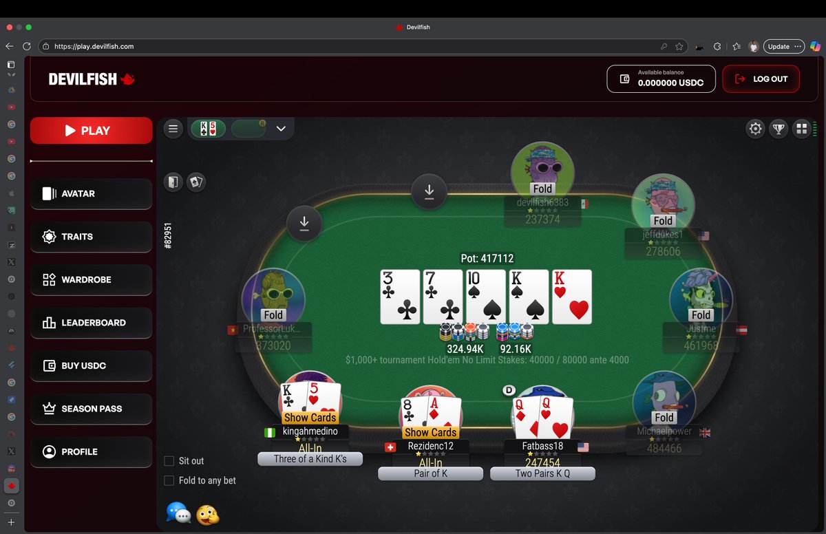 kingahmedino's tweet image. From 15k chips left on the SB facing a 30k call… I take a shot with K-5. @DevilfishPoker_
Board runs: 3♣ 7♣ T♠ K♠ K♥ ✨
Trips hit, pot explodes. Scooped 324k out of 417k.
From dust to stacks — that’s poker. 🃏🔥
#Poker #FinalTable #Holdem