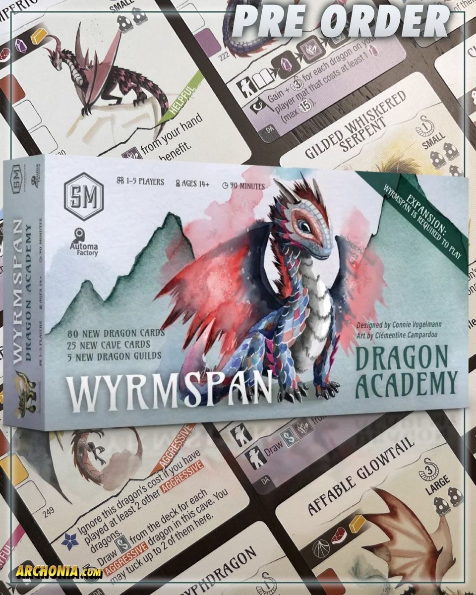 Archonia's tweet image. The Wyrmspan Board Game - Expansion: Dragon Academy is available for pre-order!

archo.co/4gx316S

Which dragon are you most excited to add to your collection? 
Tell us in the comments! 👇

#Wyrmspan #BoardGames #Expansion #NewRelease #StrategyGames #WyrmspanExpansion