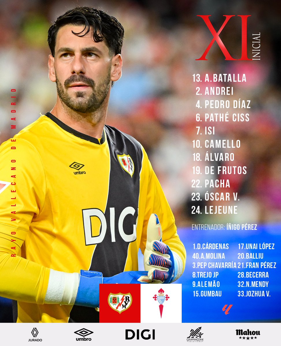 ⚡ Once del Rayo Vallecano elegido por Íñigo Pérez para enfrentarse al <a href="/RCCelta/">Celta</a>.

#RayoCelta #VamosRayo