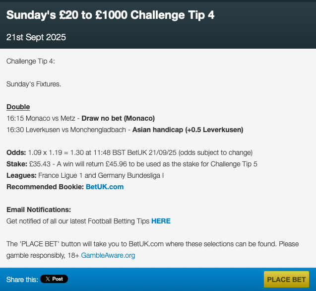 No1TFT's tweet photo. Sunday's £20 to £1000 Challenge Tip 4

Visit our website for the rest of Sunday's betting tips                                                    

#TopFootballTipster #BettingTips #BettingChallenge https://t.co/GzMwsz3raK