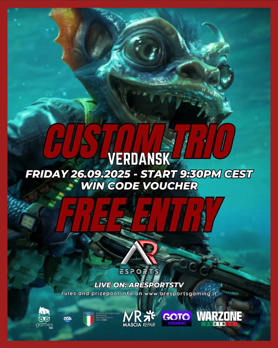 🏆CUSTOM TRIO 🏆

🗓️| 26 SEPTEMBER 9:30PM CEST
🔥| VERDANSK
💰| FREE ENTRY
👤| 4 GAME BO3
📍| HOST EU
🔴| COMMENT FOR SPOT

#CallofDuty  #Warzone  #champs