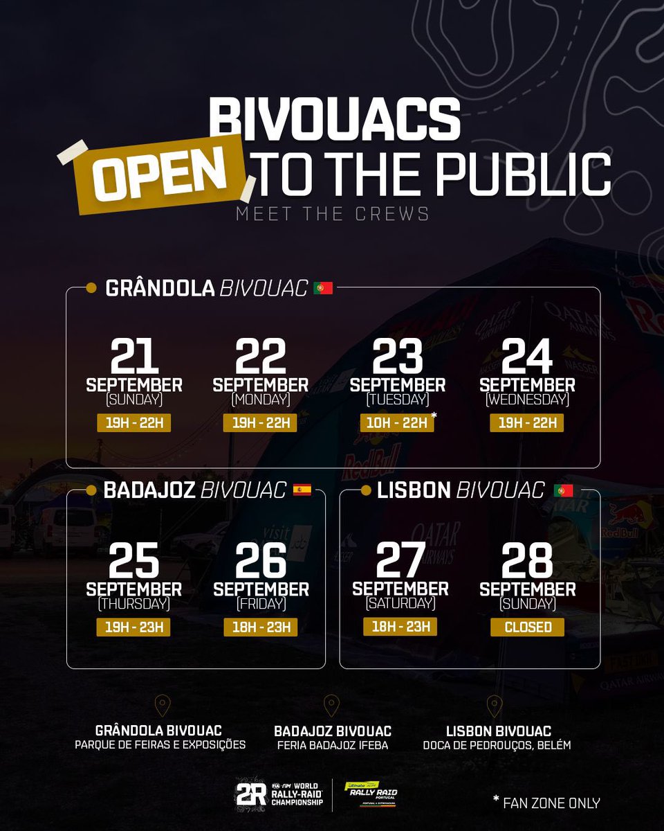 👋 Hey fans! The bivouac is open 🔜 
Don’t miss your chance, step into the rally world, meet the champions, explore the teams, and get up close to the cars and bikes.  
📍Bivouac and Fun Zone - more info on the website - rallyraidportugal.com 🔗

#W2RC #FIA #FIM