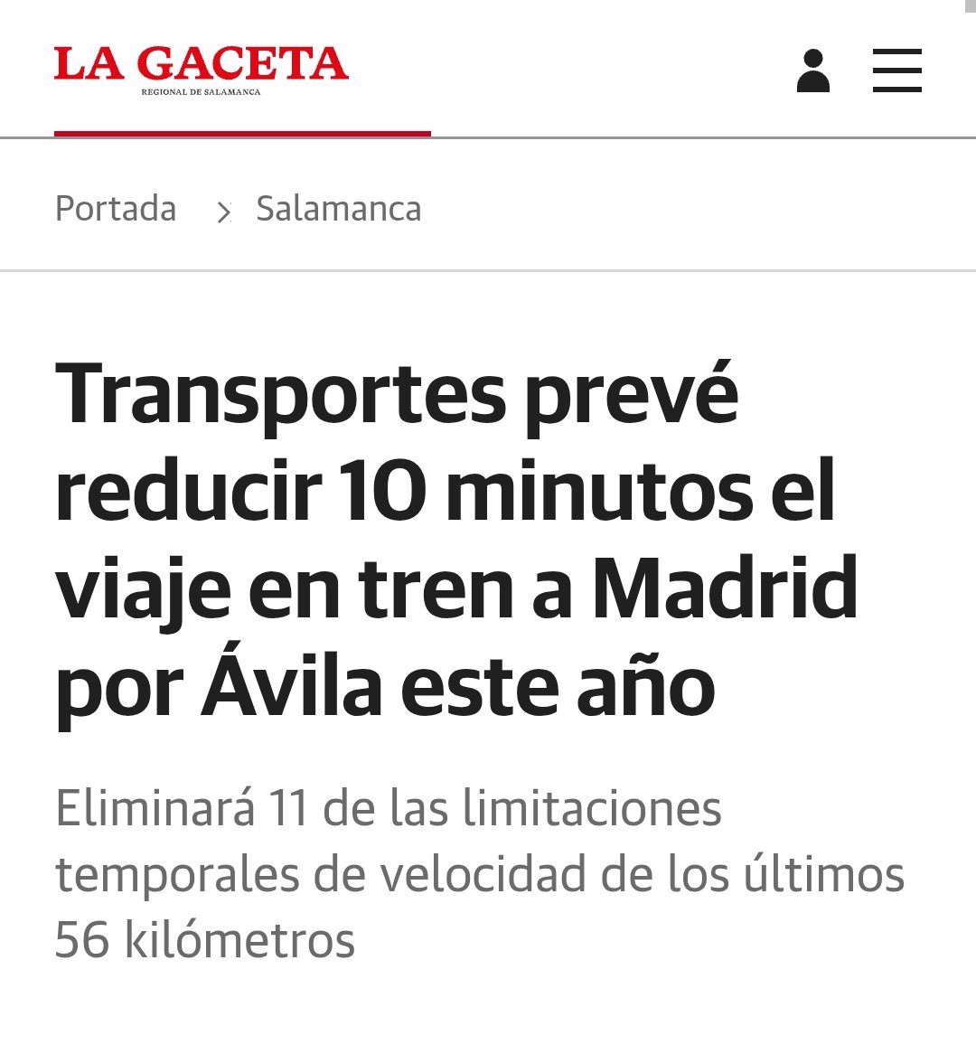 Pasamos de un viaje SA-Peñaranda-Avila-Madrid de casi tres horas a un poco menos de tres horas, ahorro de 10 min a la ida y 6 min a la vuelta.
De SA-Ávila, vía única, sin 🔌. El ahorro de tiempo es en los últimos 56 km, cerca de Madrid 🚄🛤️