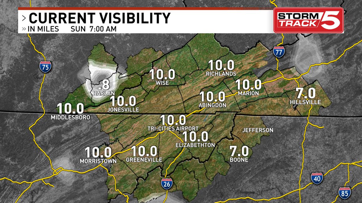 Good morning. Here's the latest visibility map. Latest forecast on News 5, in the StormTrack 5 app, and WCYB.com/weather.