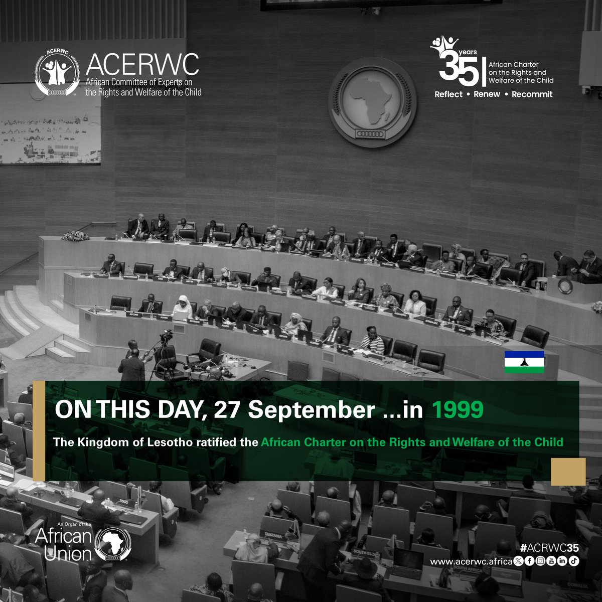 acerwc's tweet image. #OnThisDay in 1999, the Kingdom of #Lesotho🇱🇸  ratified the African Charter on the Rights and Welfare of the Child.

The State Party submitted both its Initial Report and 1st Periodic Report to the ACERWC. 

🔎 Learn more about Lesotho&apos;s progress 🌐🔗: acerwc.africa
