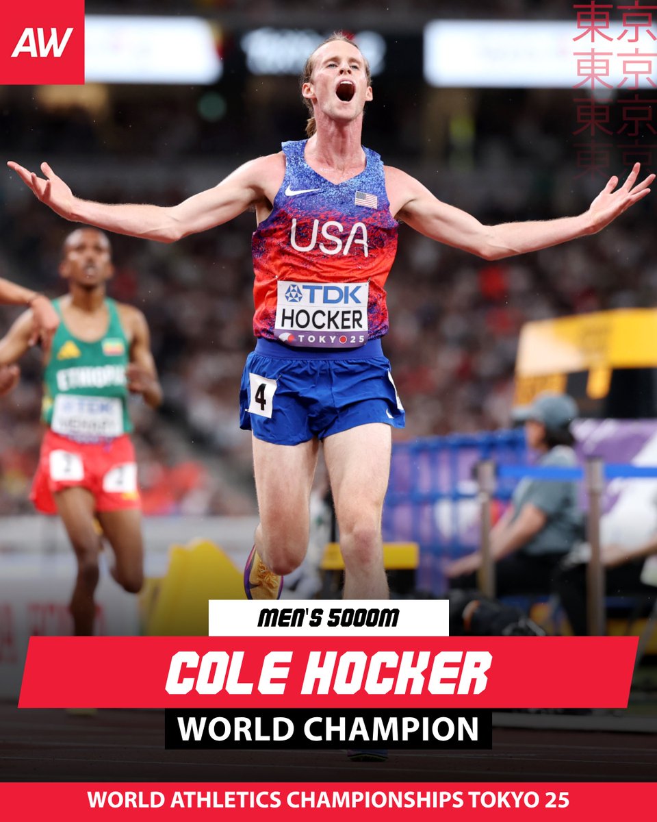 WORLD CHAMPION 

Cole Hocker bounces back from 1500m heartbreak to claim the 5000m title in Tokyo 🔥

Less than a week after the Olympic 1500m champion was disqualified in the world 1500m semi-finals, he becomes world 5000m champion with 12:58.30 🇺🇸