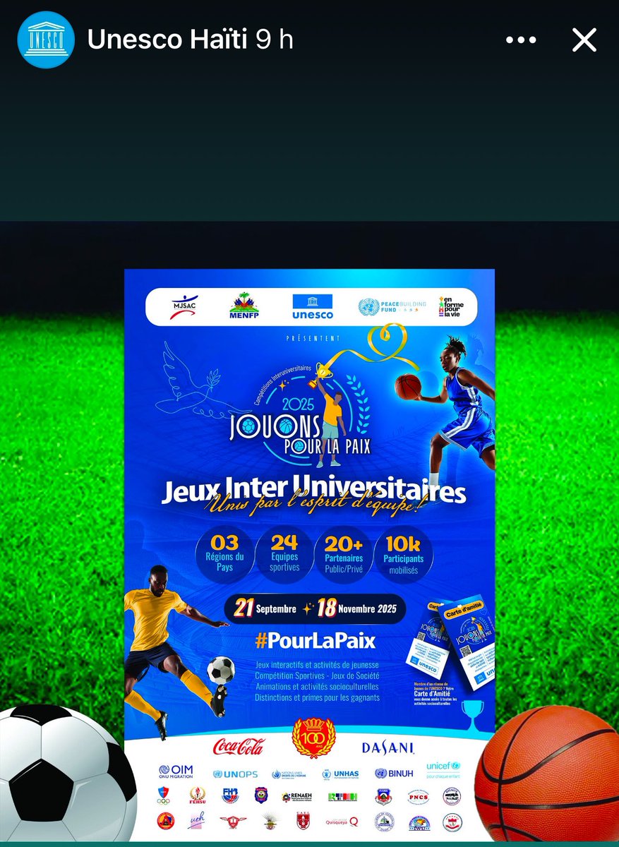 RegisteJerry's tweet photo. Ce dimanche 21 septembre, le #MJSAC et le @MENFP_Education , avec l’appui de l’@unesco_haiti lancent officiellement la compétition sportive interuniversitaire.
Cette initiative vise à mobiliser les universités publiques et privées autour de la promotion de la paix, de la cohésion sociale et de l’engagement citoyen à travers le sport.