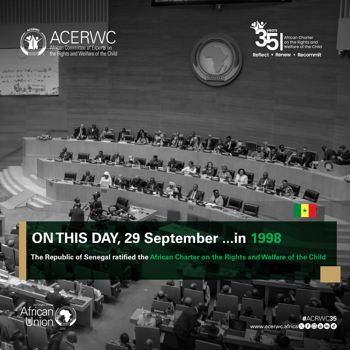 acerwc's tweet image. #OnThisDay Ce jour en 1998, la République du Sénégal🇸🇳  a ratifié la Charte Africaine des Droits et du Bien-être de l’Enfant.

🔎 Découvrez en détail les progrès et défis du Sénégal ici 🌐🔗acerwc.africa

#ACRWC25
#Agenda2040