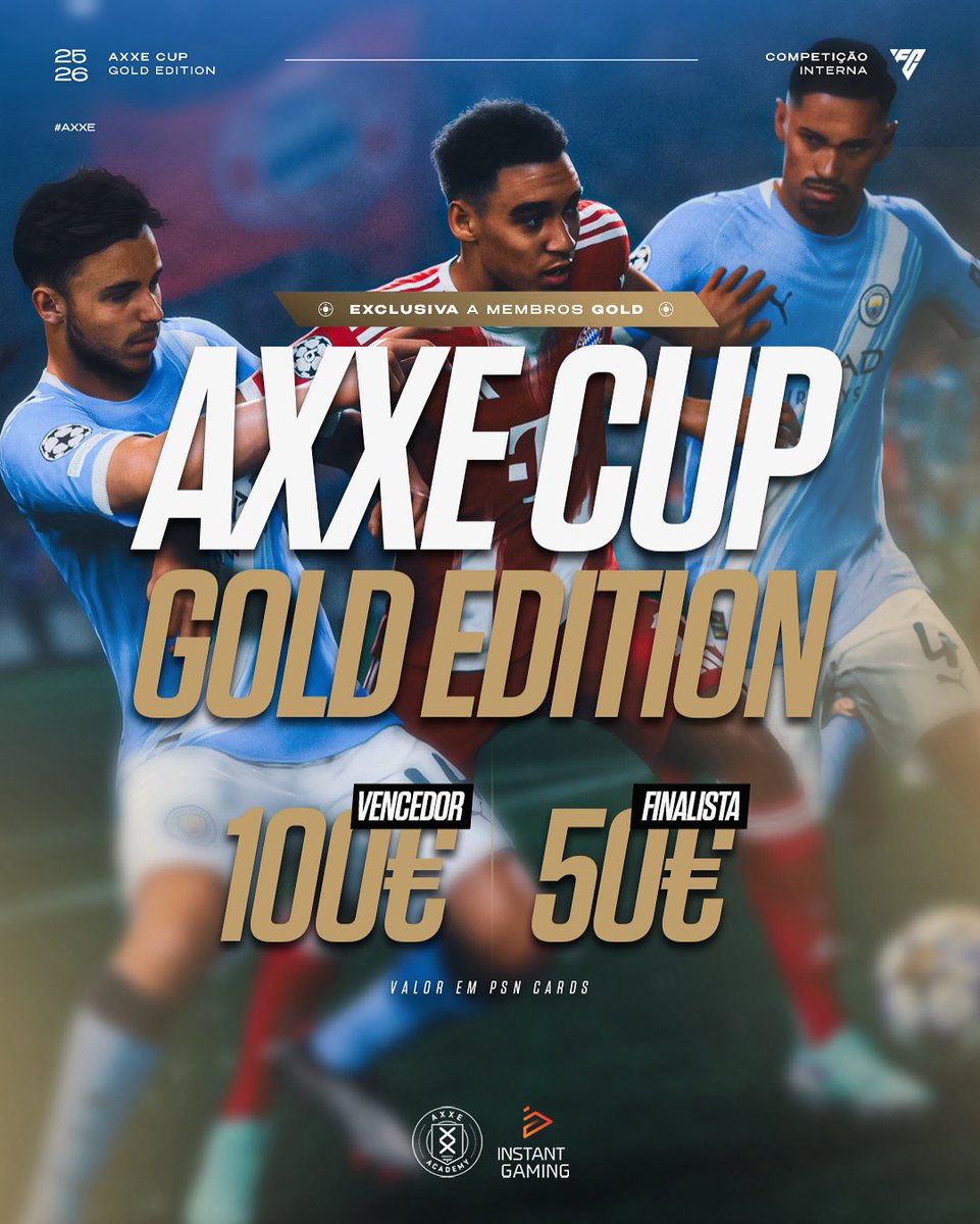 axxeacademy's tweet photo. 🏆 𝗔𝗫𝗫𝗘 𝗖𝗨𝗣 | 𝗚𝗼𝗹𝗱 𝗘𝗱𝗶𝘁𝗶𝗼𝗻 - 27 Setembro🏆

É oficial: perdemos a cabeça! Depois de uma Pre-Season de sucesso, com mais de 200 jogos em ambiente de treino ainda em FC25, decidimos premiar a nossa comunidade com uma AXXE Cup Gold Edition (exclusivo para membros Gold), com a maior prize pool que já demos em torneios - a AXXE Cup é um torneio exclusivo aos nossos membros Silver e Gold e no dia 1 de novembro teremos a AXXE Cup #01 - naquele que será o primeiro torneio de FC26 da temporada.

No próximo sábado, dia 27, os membros Gold entram em campo para disputar a AXXE CUP Gold Edition e lutar pela possibilidade de vencerem o primeiro torneio do ano da Academia:
🥇 1º Lugar: 𝟭𝟬𝟬€ 𝗲𝗺 𝗣𝗦𝗡 𝗖𝗮𝗿𝗱
🥈 2º Lugar: 𝟱𝟬€ 𝗲𝗺 𝗣𝗦𝗡 𝗖𝗮𝗿𝗱

Se ainda não és nosso aluno mas queres participar, ainda vais a tempo! Vai ao nosso site e compra o nosso pack Gold Membership, onde além da possibilidade de entrares neste e noutros torneios, tens acesso a todo o nosso conteúdo exclusivo para membros e ainda às 2 aulas semanais exclusivas a membros Gold (e exclusivamente este mês, caso compres já a tua subscrição, a mesma só começa a contar a partir de dia 1 de Outubro).

Do que estás à espera? Vai a https://t.co/TfbFqIlm2J e não percas mais tempo 🚀