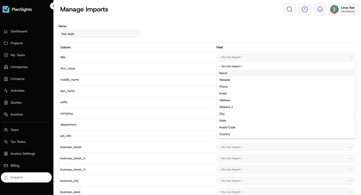 LinusBenkner's tweet photo. 📤 Importer!

Just added import functionality to @plansights, upload a CSV/Excel file, map the columns to fields, and go 🚀

This should technically improve the onboarding flow, next step would be to highlight this feature when a new customer signs up. https://t.co/Ma8BmrcE2b