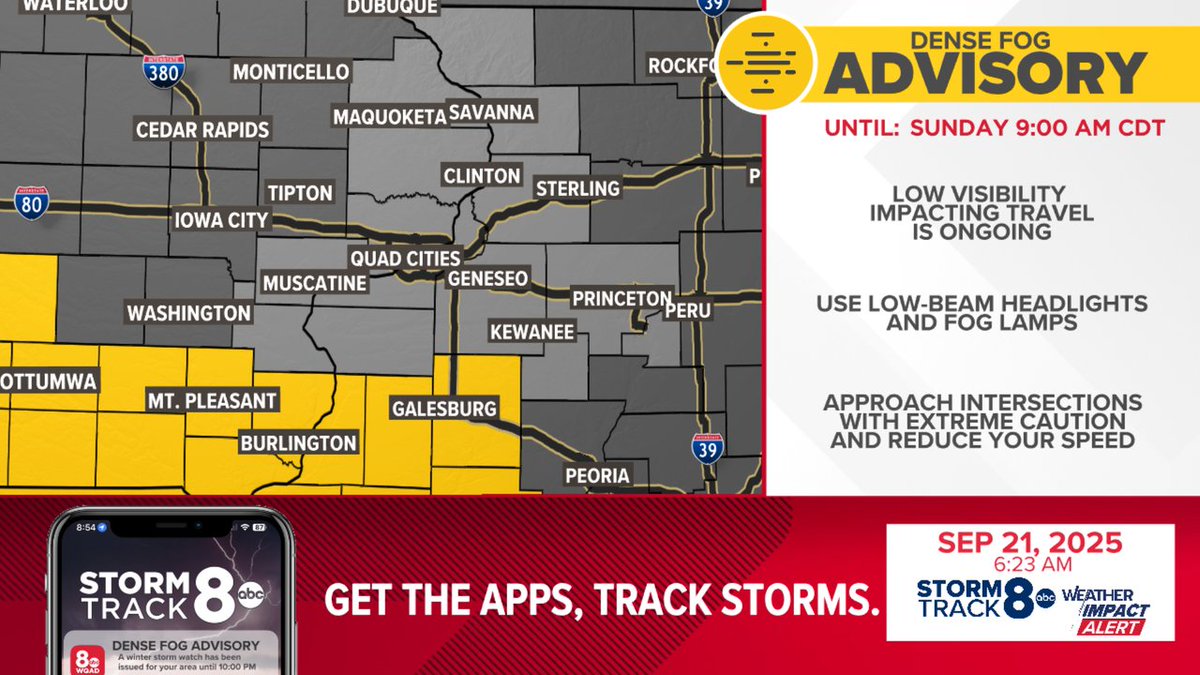 A Dense Fog Advisory has been issued for parts of the area until Sep 21 9:00AM Watch for reduced visibility down to less than a mile at times. #WeTrackStorms