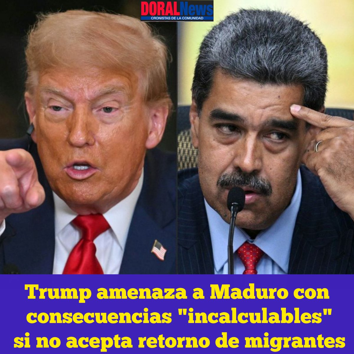 El presidente estadounidense, Donald Trump, amenazó este sábado al régimen chavista de Venezuela con consecuencias "incalculables" si se niega a aceptar de vuelta a los migrantes deportados, en momentos en los que las tensiones aumentan entre ambos países.
instagram.com/p/DO3MtgzDjXK/…