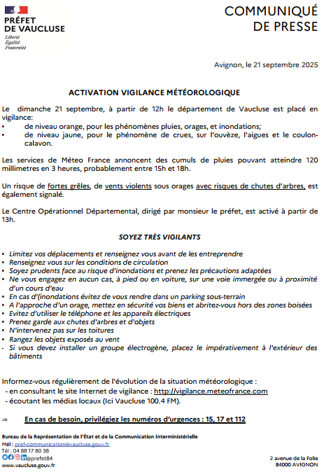 #Vigilance#Pluies#Orages#Inondations#Grêle Vigilance ORANGE au moins jusqu'à minuit. Cumuls de précipitations pouvant atteindre 120 mm en 3h (à priori entre 15h et 18h), risques de grêle, et de chutes d'arbres sous orages. SOYEZ PRUDENTS!