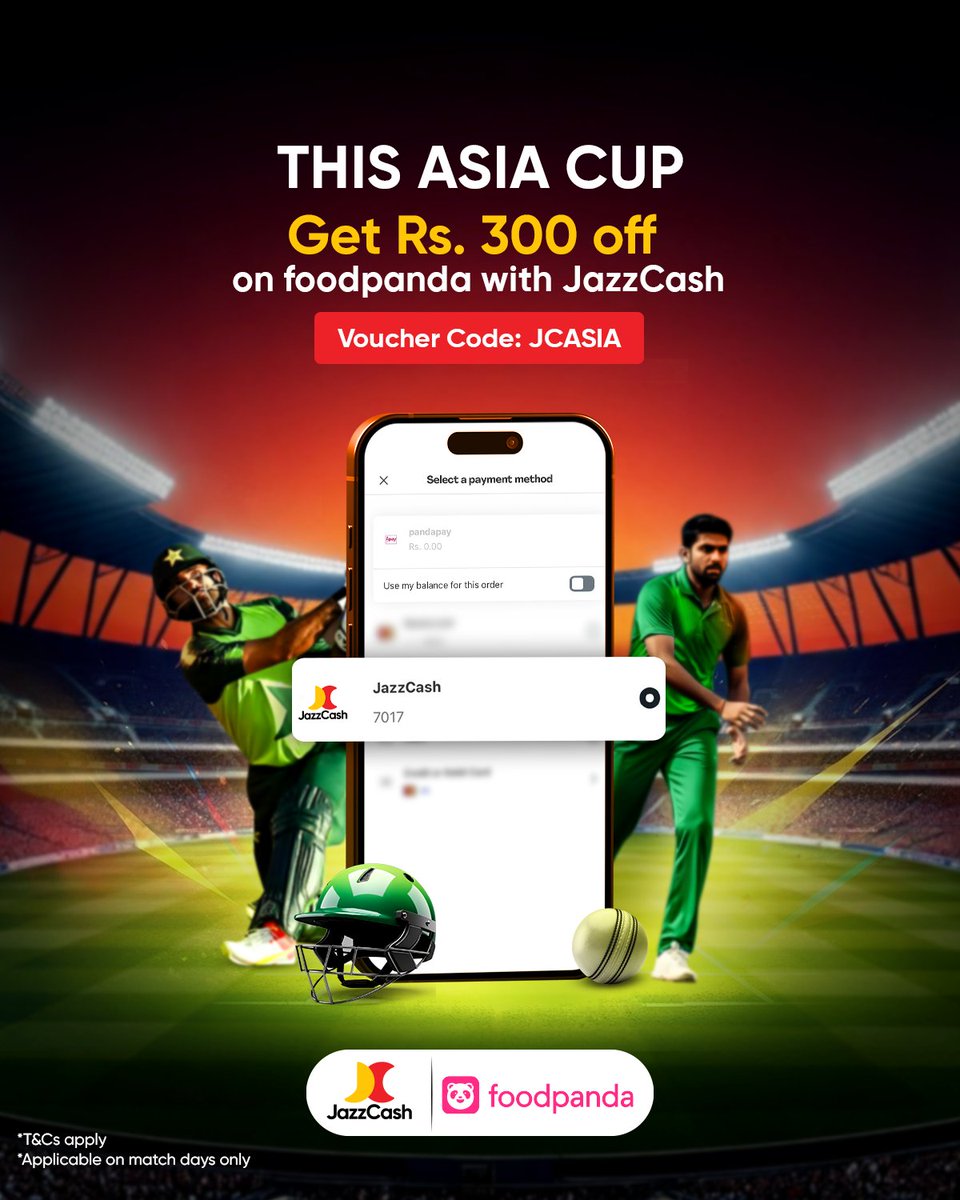 🥤 Game on. Snacks on.

Get Rs. 300 OFF this Asia Cup on foodpanda when you pay with JazzCash 🚀

Code: JCASIA

Download JazzCash now: bit.ly/3CS8cti