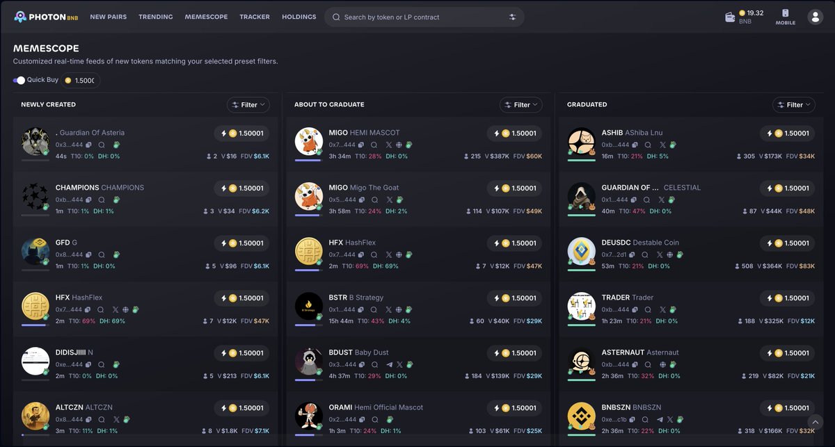 JadenOnChain's tweet photo. So @tradewithPhoton just added BNB with memescope. This is going to be a lot of fun.

If you want to try it: https://t.co/1stXzCtHbg https://t.co/XymS65pygl