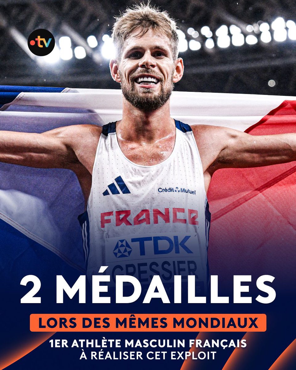 francetvsport's tweet photo. 🗼 #WCHTokyo25 | 🇫🇷 En décrochant le bronze sur 5 000m une semaine après l'or sur 10 000m, Jimmy Gressier entre dans L'HISTOIRE du sport tricolore !

👏 Il devient le premier athlète français a remporter deux médailles lors d'une même édition des Championnats du monde ! https://t.co/2WERgggcSp