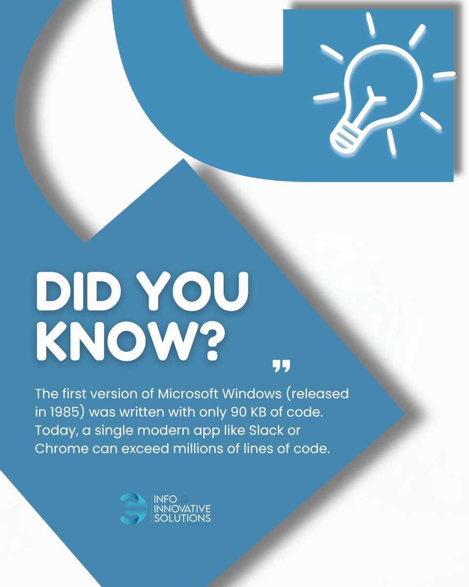 infogsolution's tweet image. 🖥️ Back in 1985, Windows ran on just 90 KB of code.
Today, a single modern app runs on millions of lines.
That’s not just growth—it’s a reminder of how complex user needs, integrations, and scalability have become.
What matters is writing code that adapts and lasts. 🚀