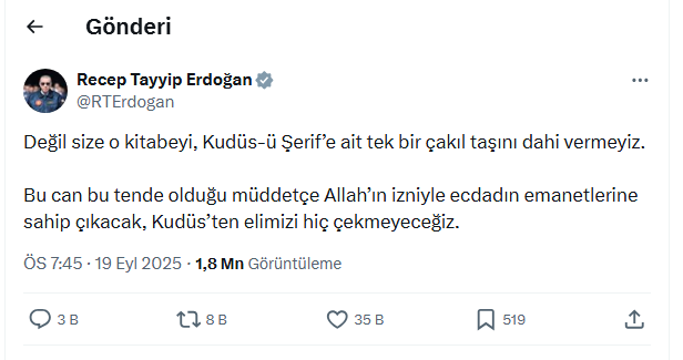 Ne dedi? Ne yaptı?

"Bu can bu tende olduğu müddetçe.."

"Bu fakir bu görevde olduğu müddetçe.."

dedikten sonra:

Rahip Brunson'u ABD'ye gönderdi.

Şam'da Emevi camiini unuttu.

Ruslar, İdlip'te 34 askerimizi şehit etti.

Binali mi Sisi mi dedi, Sisi'yle görüştü.

VERDİ KUDÜS'Ü!