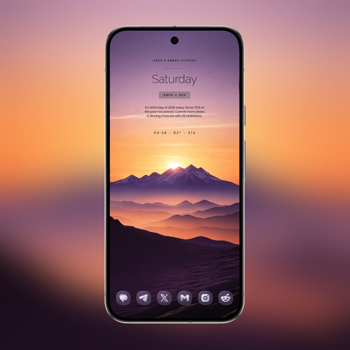 Sunset Homescreen 
Widgets: Evoque <a href="/droidbeauty/">Dave</a> 
Wallpaper: BeeWalls <a href="/BeehomiX/">Beehomi</a> 
Icons: Glass Material You <a href="/NarikDesign/">Narik Design</a> 
Mockup: #CreativeApp
#SmartLauncher
#homescreen
#Android