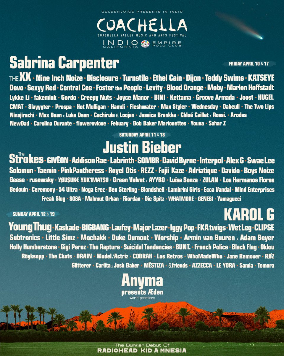 So apparently your real age is 75 minus how many acts you recognise on the Coachella line up. 

Turns out I’m a 63 year old man.