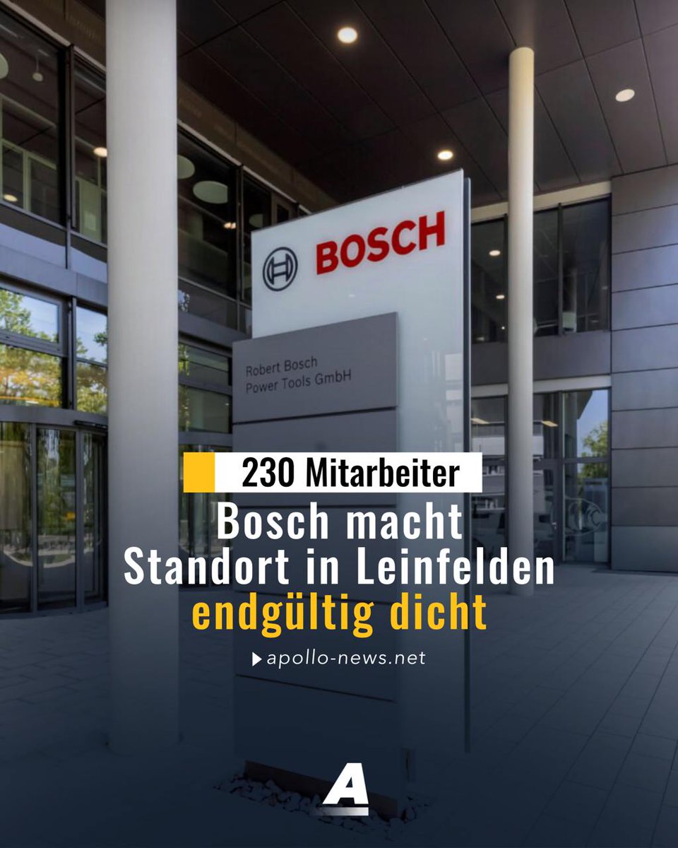 Bosch stellt die Produktion von Elektrowerkzeugen am Standort Leinfelden bis Ende 2026 ein und hat mit dem Betriebsrat einen sogenannten Sozialplan für die rund 230 betroffenen Mitarbeiter vereinbart.
apollo-news.net/bosch-macht-st…